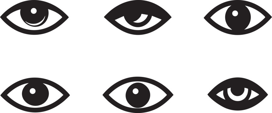 A collection of six stylized black eye icons with different pupil and iris designs are displayed against a clean white background.