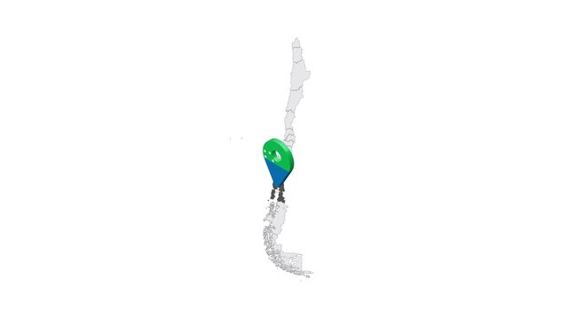 Location Los Lagos Region on map Chile. 3d Los Lagos emblem map marker location pin. Map of Chile showing different parts. 4K.  Animated Video
