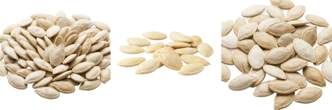 Set and collection of group of raw pumpkin seeds isolated on white background