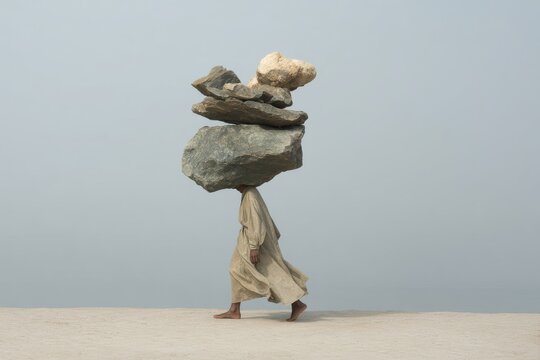 Person walking with stacked massive stones on head across sandy plain for maximal burden concept and path narrative design