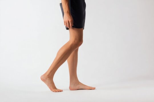Barefoot closeup of legs and tentative step at edge minimal studio background for wellness or medical banner and lifestyle design