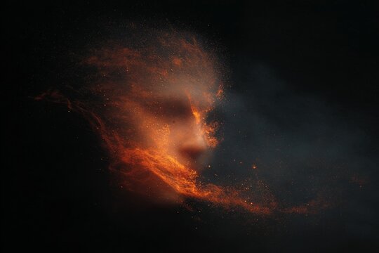 Swirling firestorm visage abstract with ember particles for dramatic background and poster design