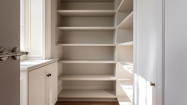 Bright, Empty Pantry with White Wood Shelves and Cabinetry, Bathed in Natural Sunlight, Ready for Organization and Storage Needs