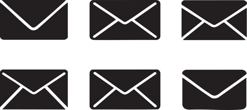 A group of six black silhouette icons, each representing a closed envelope with distinct fold lines, arranged in a balanced formation on a white background.