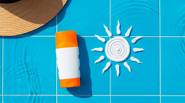 Sunscreen bottle and sun symbol on bright blue tiled poolside with water ripples