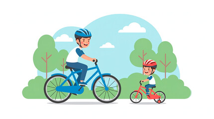 Naklejka premium Father and son enjoying a bike ride together in a park on a sunny day