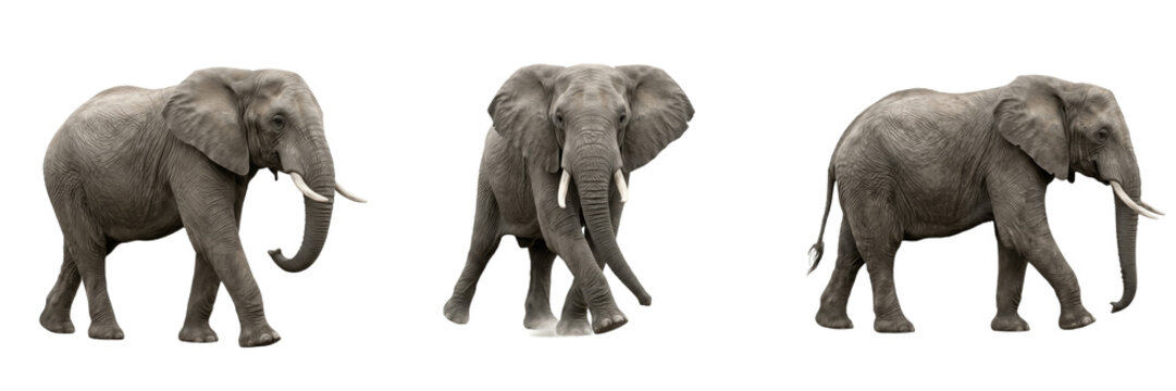 Set and collection of single gray elephant walking isolated on white background
