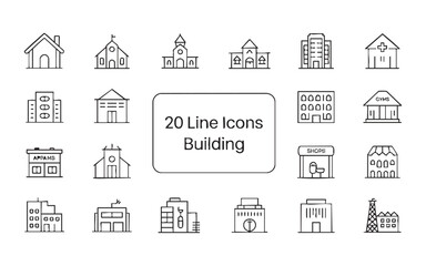 Fototapeta premium Comprehensive set of 20 line icons depicting diverse buildings: commercial, residential, and public.