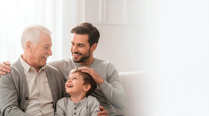 Fototapeta premium Three generations of men smiling and laughing together on a couch