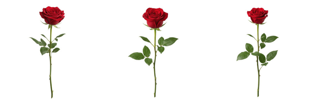 Set and collection of single red rose flower on stem isolated on white background