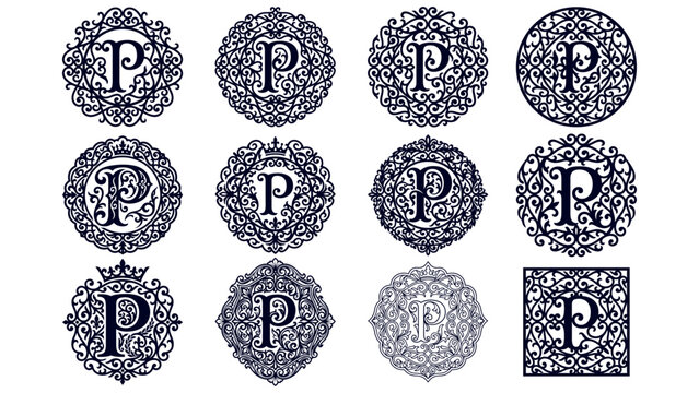 Elegant letter P monogram with ornate circular and square frames for design.