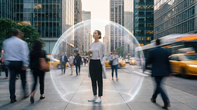 Businesswoman standing calmly inside a transparent protective energy bubble on a bustling city street