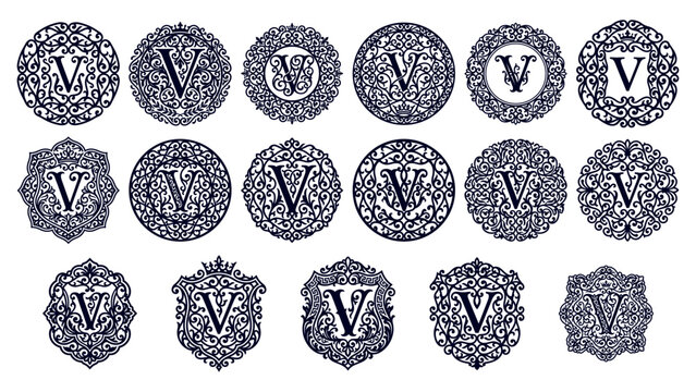 Ornate monogram V circular emblems vintage ornamental design elements logo.