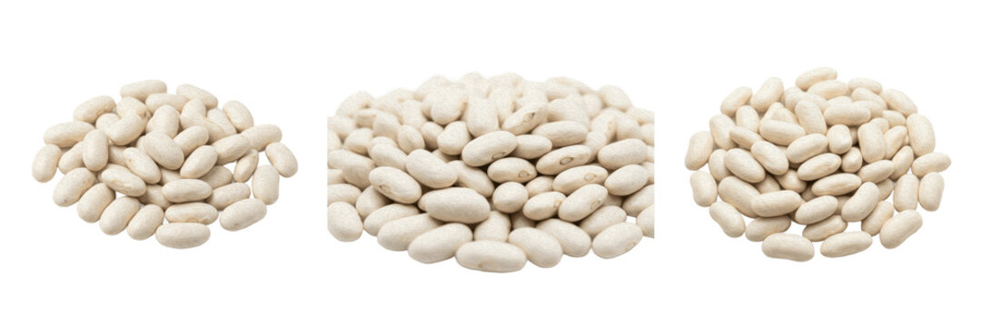 Set and collection of heap of raw white beans isolated on white background