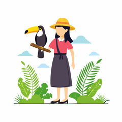 Obraz premium Woman with Toucan in Tropical Environment
