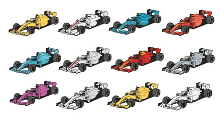 Fototapeta premium Collection of Formula 1 race cars in various vibrant colors, showcasing speed, technology, and modern design.