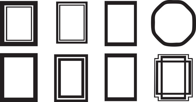 An arrangement of eight black framed shapes, including rectangles, squares, and a circle, with some featuring double borders, on white.