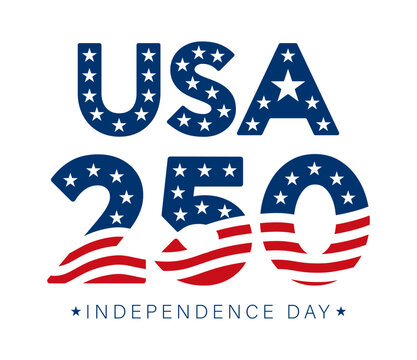USA 250th independence day anniversary vector typography with American flag stars and stripes pattern. Patriotic design for the United States Semiquincentennial celebration in 2026.	