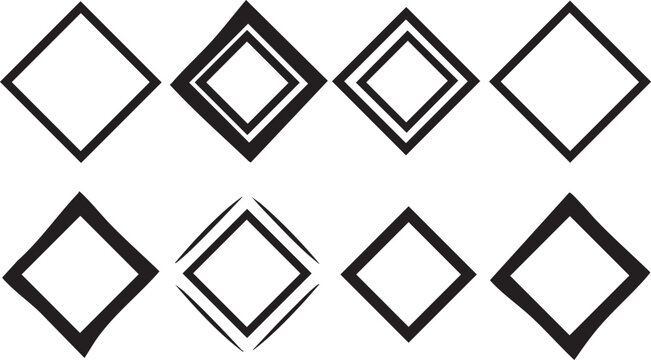 A collection of eight black outlined diamond shapes, with several featuring double or layered borders, set against white.