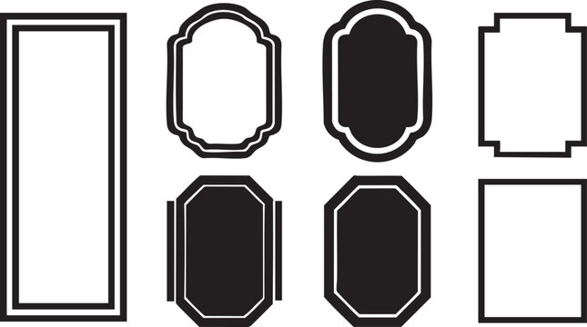 A set of seven black frames in diverse shapes including a long rectangle, rounded rectangles, and octagons on white.