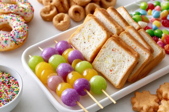 Colorful assortment of sweet treats including donuts, fruit skewers, mini donuts, and cookies, perfect for parties.