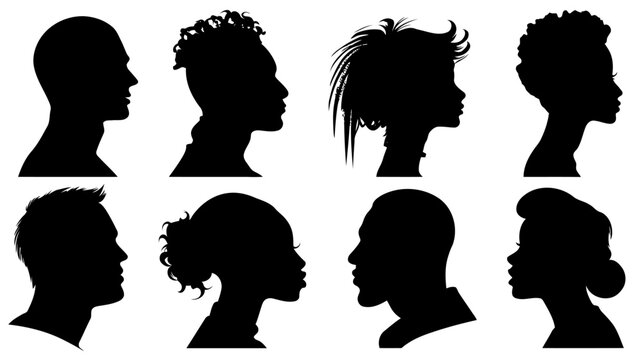 Eight black silhouette icons of human profile heads showcase diverse hairstyles and genders, arranged in two rows against a clean white background.