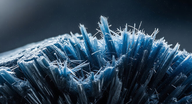 Macro closeup of dangerous blue asbestos fibers or crocidolite mineral crystals highlighting toxic environmental health risks hazardous exposure and industrial