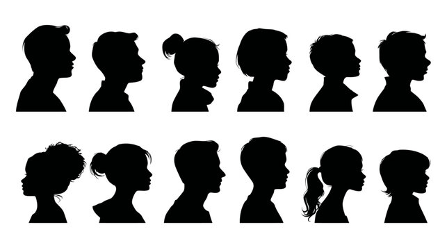 A grid like arrangement features a multitude of small black silhouette profiles of individuals, creating a dense texture of human faces.
