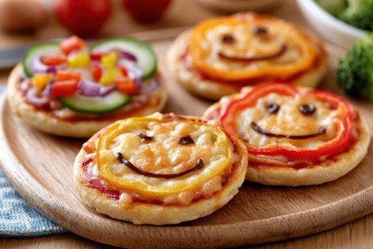 Four adorable smiley face mini pizzas decorated with vegetables and cheese on a wooden board.