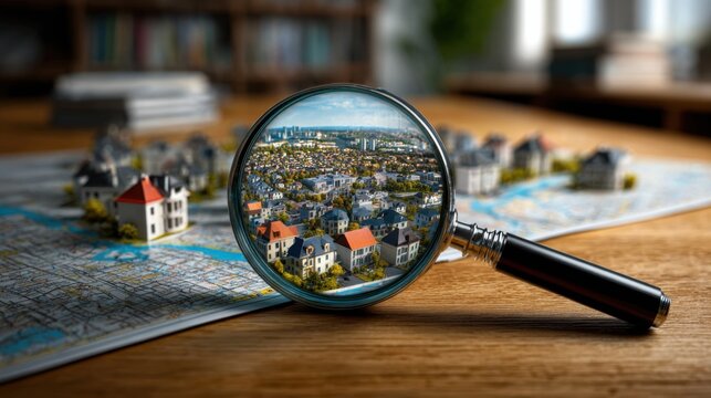 Magnifying glass focused on a map with miniature houses, symbolizing property search and real estate investment planning.