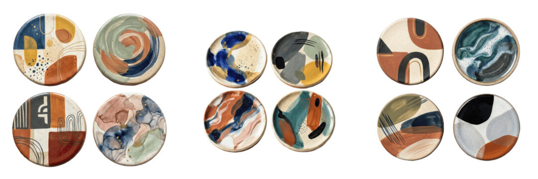 Set and collection of four abstract geometric pattern ceramic plates isolated on white background