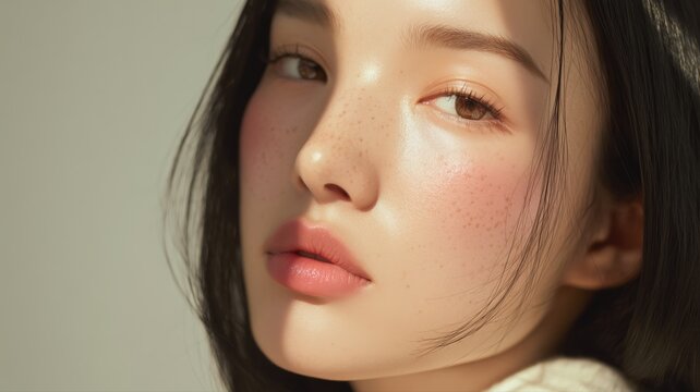 若い女性の顔のクローズアップ。ナチュラルメイクの美容やファッションイメージに最適なポートレート。