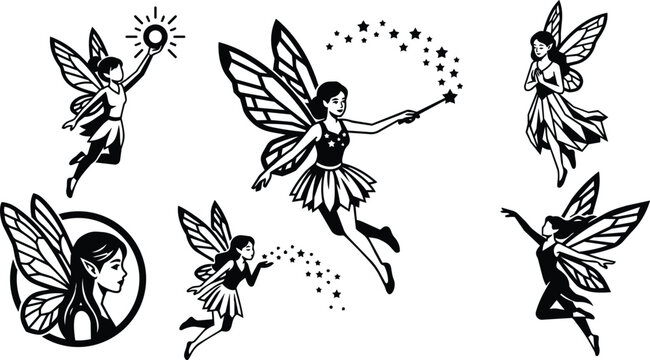 Black and white vector fairies in varied flying poses with wand and star trail