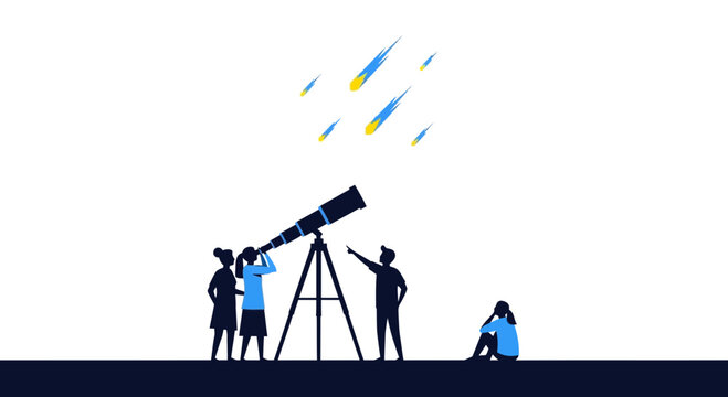 People observing meteor shower with telescope, unique perspective illustration