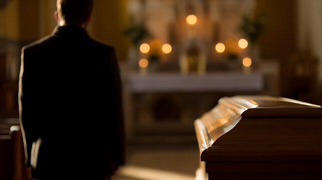 Solemn Man Attending Funeral Service in a Dimly Lit Place of Worship with Coffin and Candlelight, Focus on Grief and Loss Ceremony