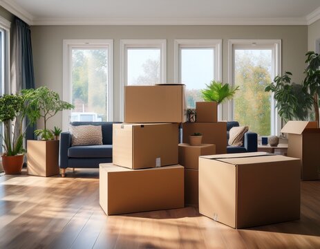 a new beginning captured in a living room filled with cardboard boxes ready for unpacking