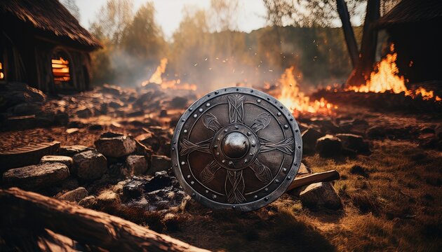 a viking shield lies amidst burning embers and charred debris in a village under attack evoking a sense of destruction and historical drama
