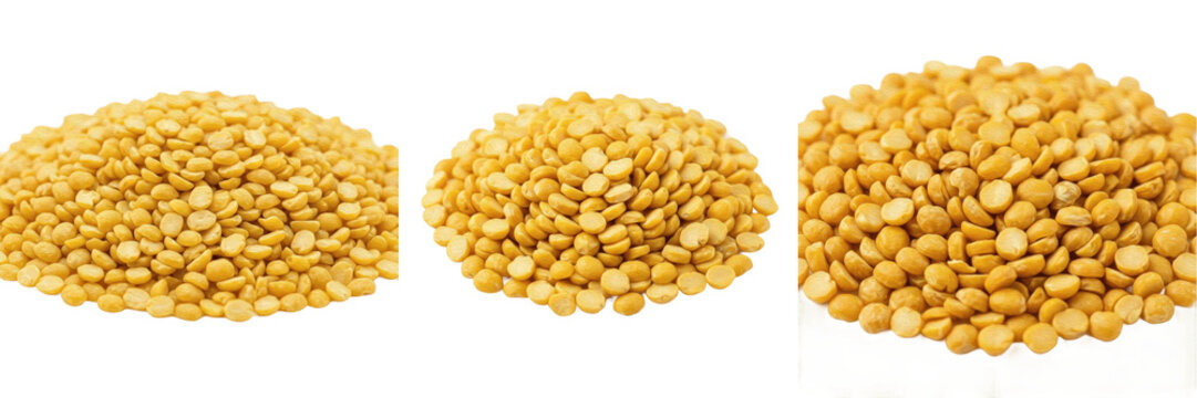 Set and collection of heap of yellow split peas isolated on white background