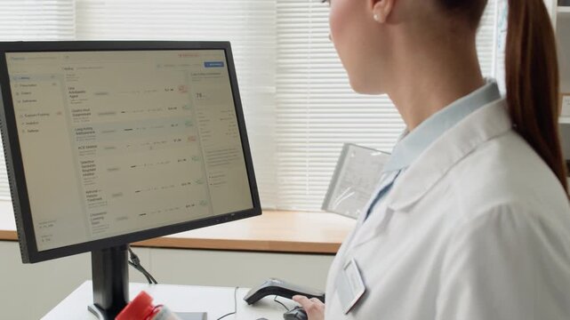Over shoulder shot of young woman as pharmacist using computer and entering medication details into digital inventory management system, copy space