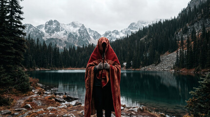 A mysterious solitary figure wrapped in a patterned red blanket stands before a calm mountain lake and evergreen forest under a cloudy sky. © Pedro Fiuza