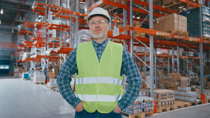 Fototapeta premium Mature male with short gray beard standing confidently inside warehouse. Wearing helmet and neon vest. Hands in pockets. Supervising stock organization or overseeing shipment processing area.