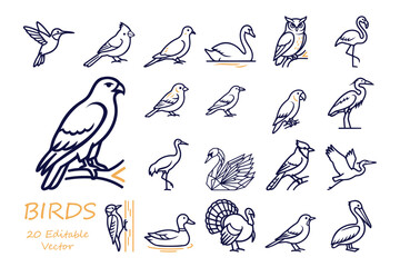 Obraz premium Minimalist bird line art icons collection featuring eagle owl flamingo and parrot silhouettes.