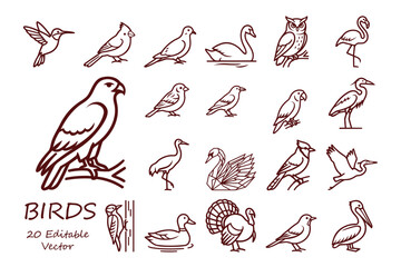 Obraz premium Brown minimalist bird line art icons collection with eagle owl and flamingo silhouettes.