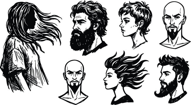 Black and white line art head profiles male and female with flowing hair and beards