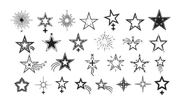 Vector set of hand drawn style star doodles and cosmic shapes for creative decoration and projects.