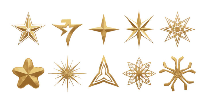 Set of ten golden stars different design shapes sparkling star gold elements shining decoration.