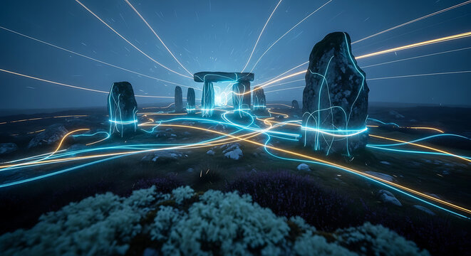 Abstract Stonehenge with Neon Light Trails Representing Digital Data Security HIPAA Compliance and Medical Patient Privacy Protection in a Cyber