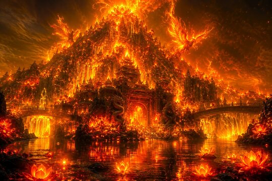 Burning Fire Temple with Phoenix Birds Dragon Gate Glowing Lotus Flowers and Lava Waterfall Reflection, Epic Dark Fantasy