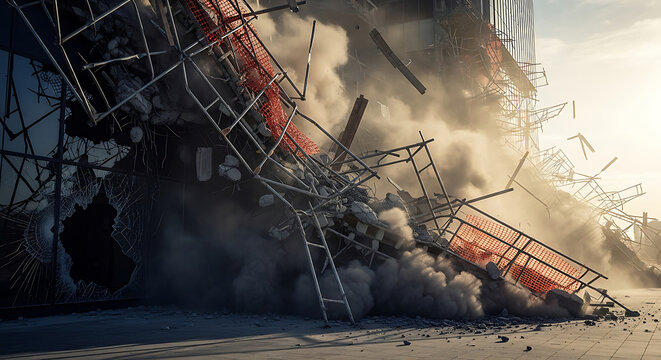 Dangerous scaffolding accident at a construction site featuring a collapsed roof rising dust shattered glass windows and twisted metal frames in a disaster zone