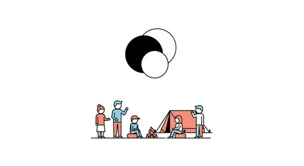 Happy family camping trip, outdoor adventure with tent and campfire, flat design © Tora